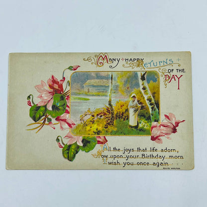 1910s Birthday Post Card WINSCH Back Girl Gathering Wood Country Scene PA5-2