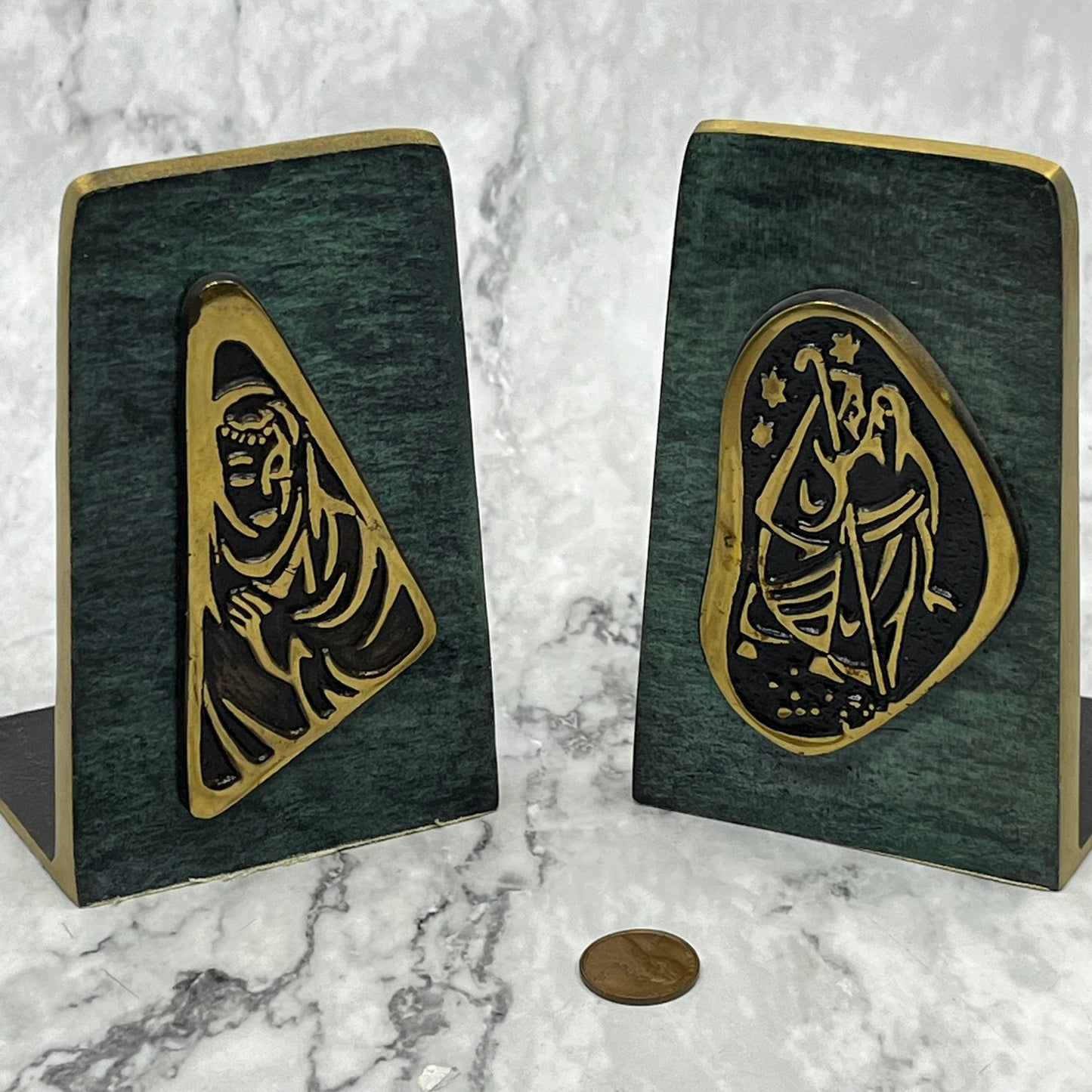 Dayagi Israel Green Burnished Enamel Brass Bookends Jesus Mary & Joseph TK3