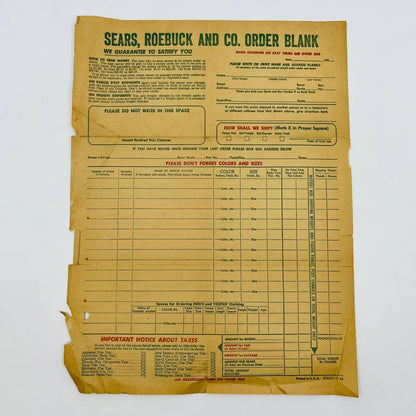 1942 Sears, Roebuck and Co. Order Blank Form D1