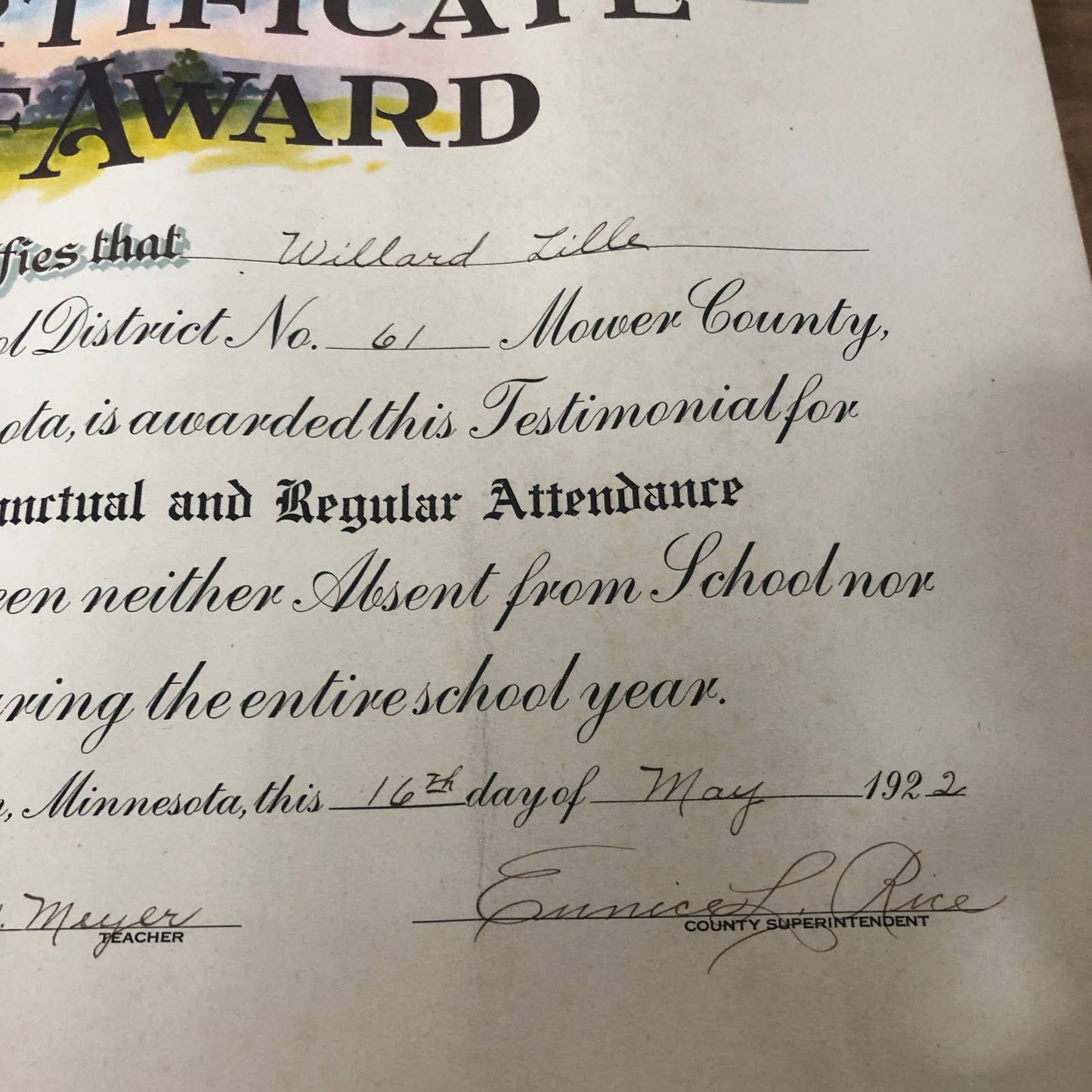 1922 Neither Absent Nor Tardy Certificate of Award Willard Lillie Austin MN