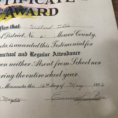 1922 Neither Absent Nor Tardy Certificate of Award Willard Lillie Austin MN