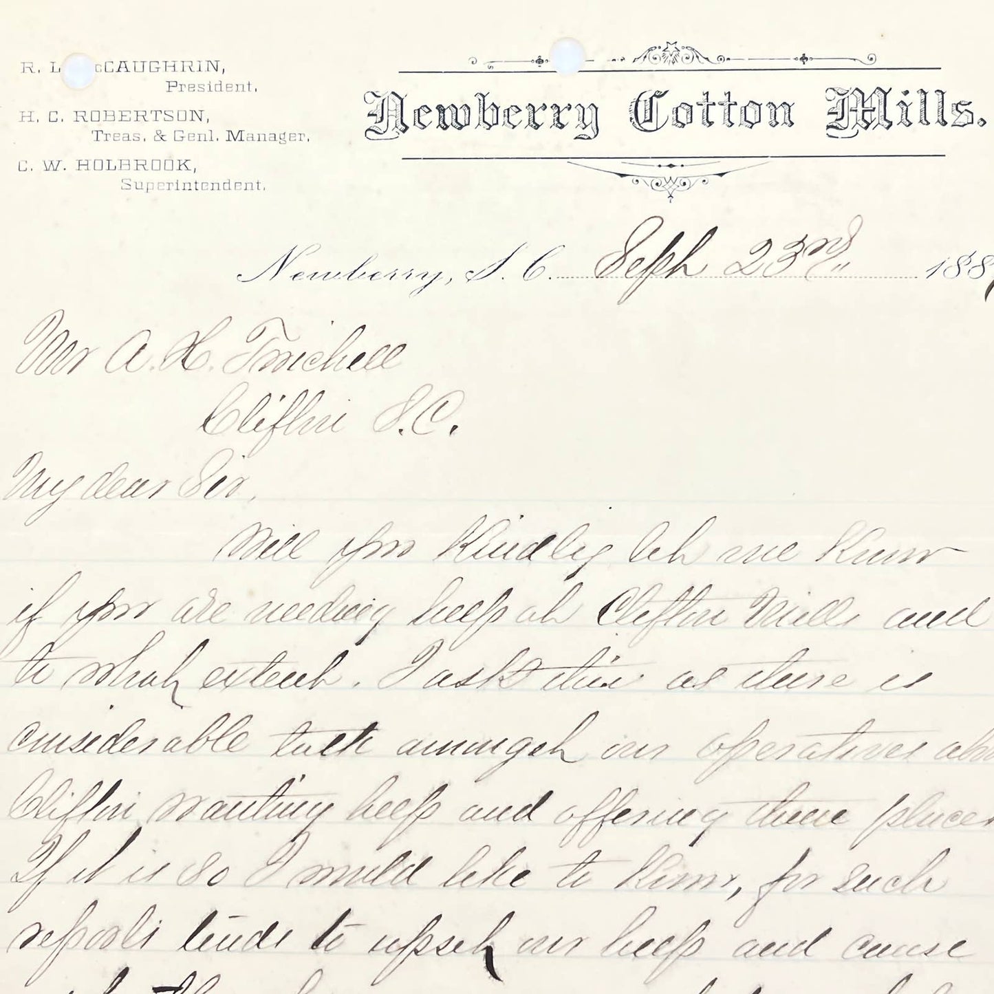 1889 Newberry Cotton Mills Letterhead Bill Head Receipt Newberry SC AB9