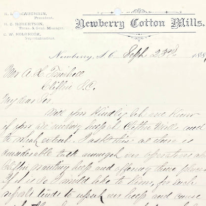 1889 Newberry Cotton Mills Letterhead Bill Head Receipt Newberry SC AB9