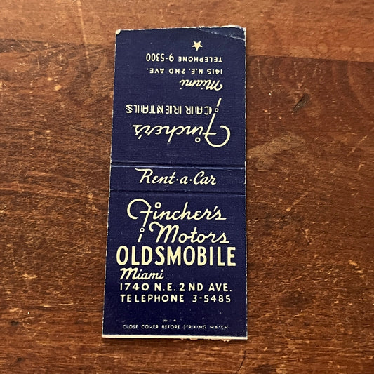 Fincher's Motors Oldsmobile Car Rentals Miami FL Advertising Matchbook MM9-3