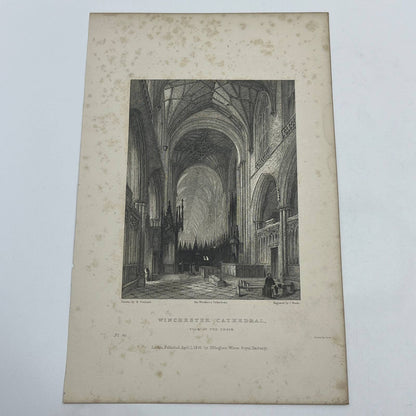1836 Original Art Engraving Winchester Cathedral View of the Choir AC6
