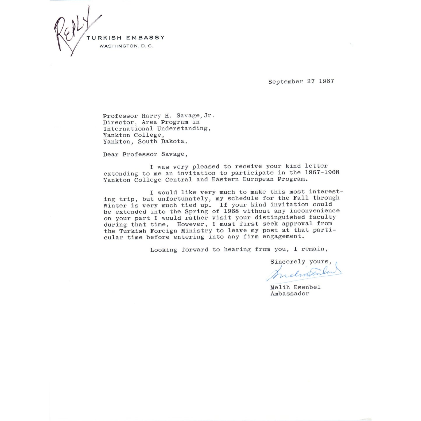 Turkish Embassy Letterhead Memo Melih Esenbel Ambassador Sep 1967 B15