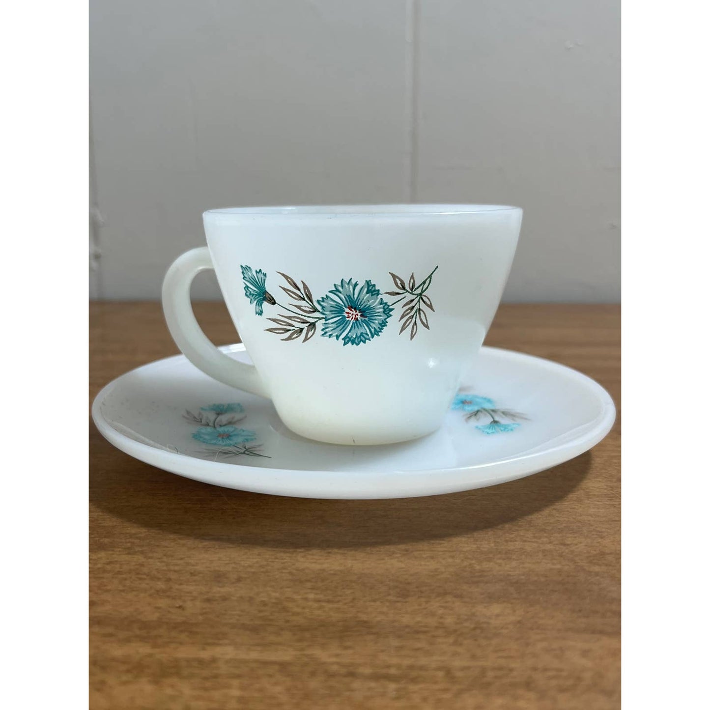 1950s MCM Atomic Fire King Anchor Teacup Saucer Bonnie Blue Carnation TG8