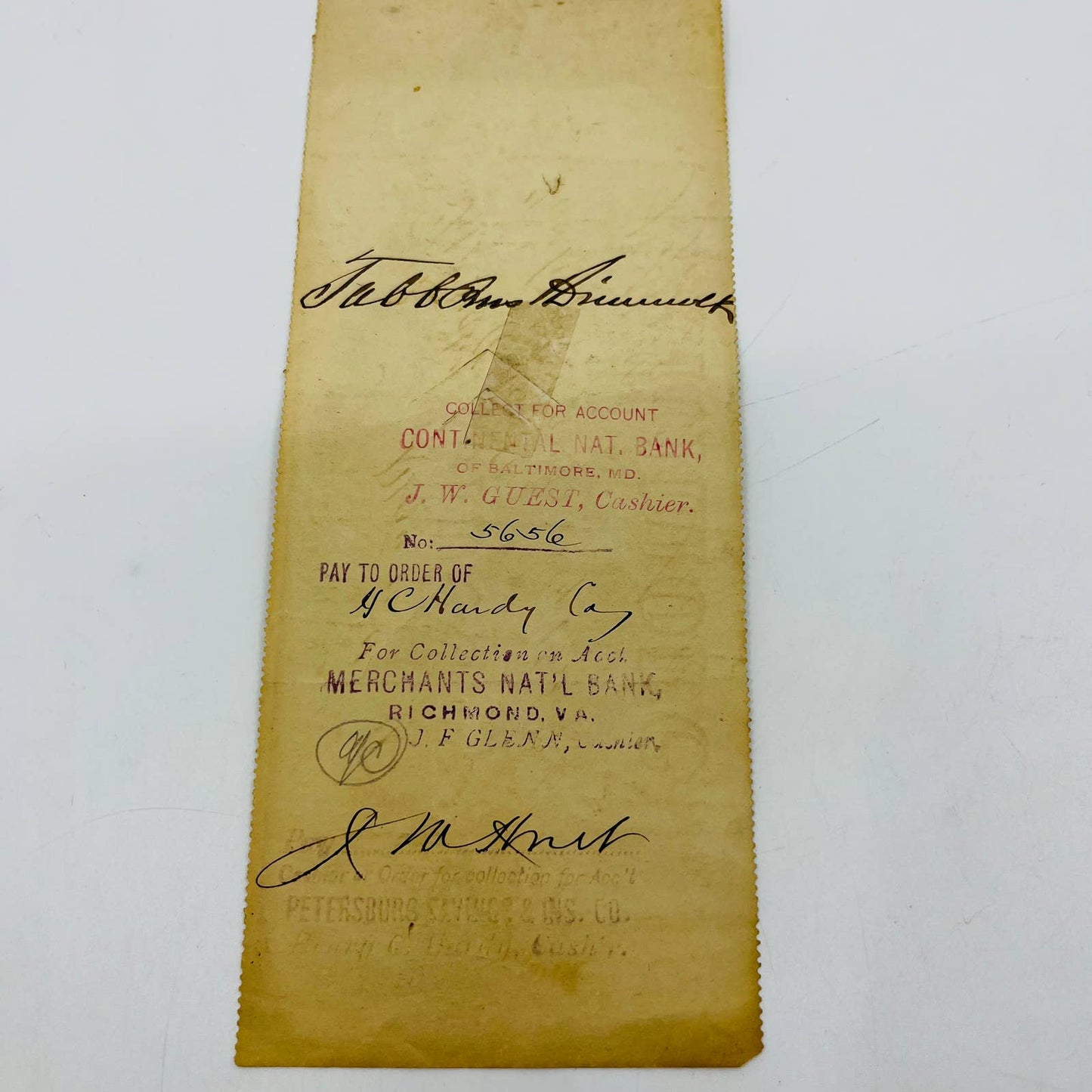 1891 Bank Check Tabb Bros & Dimmock Hardware JM Harris Baltimore MD AA5