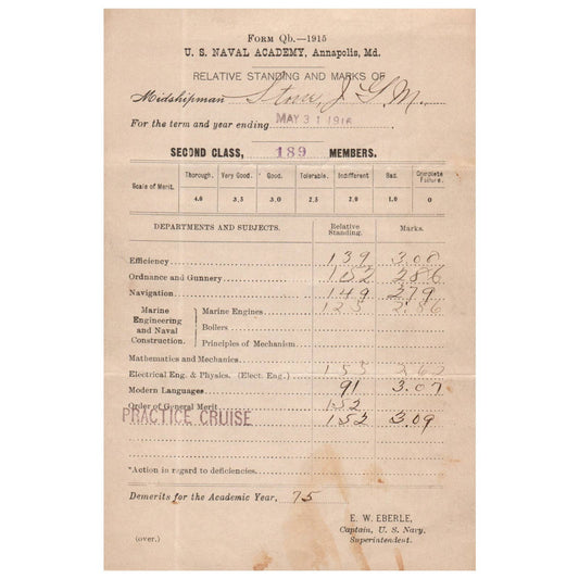 1916 May WWI Era US Naval Academy Midshipman JGM Stone Report Card EW Eberle AC9