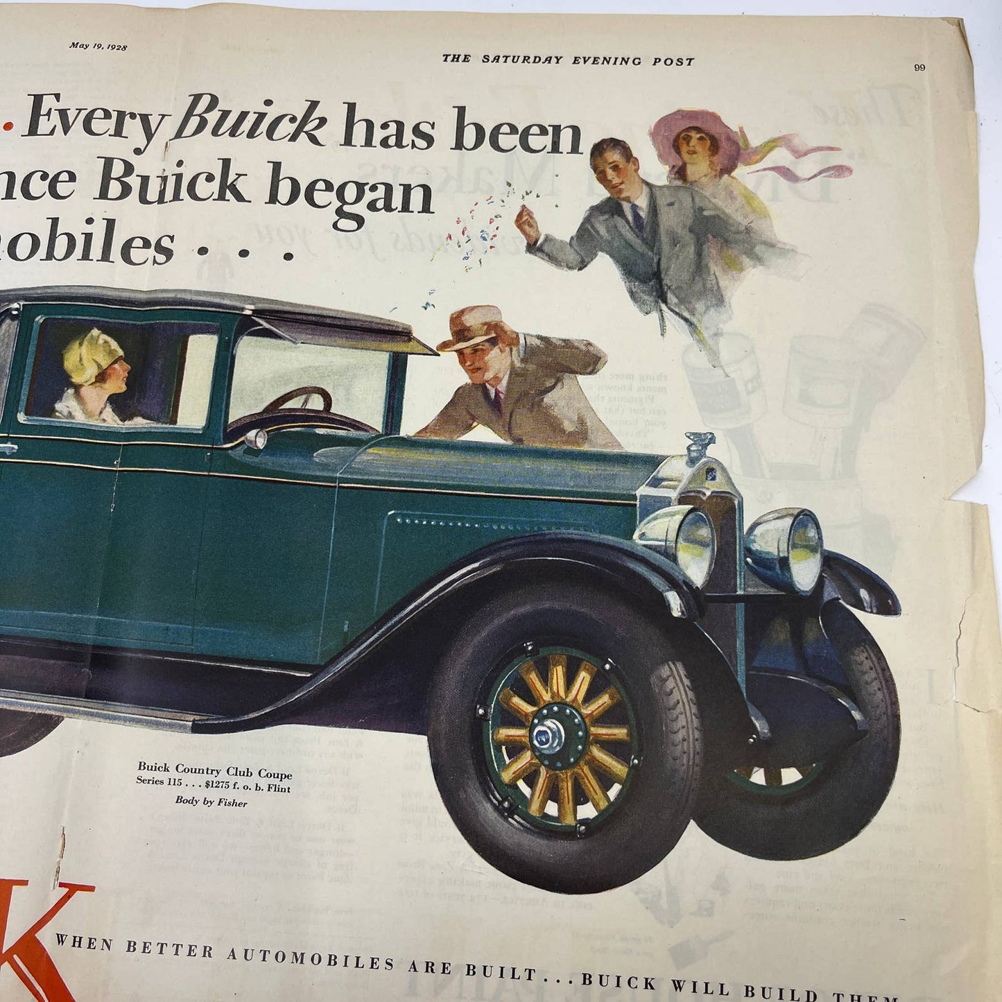 1928 Saturday Evening Post Centerfold Color Buick Automobile Ad FL4