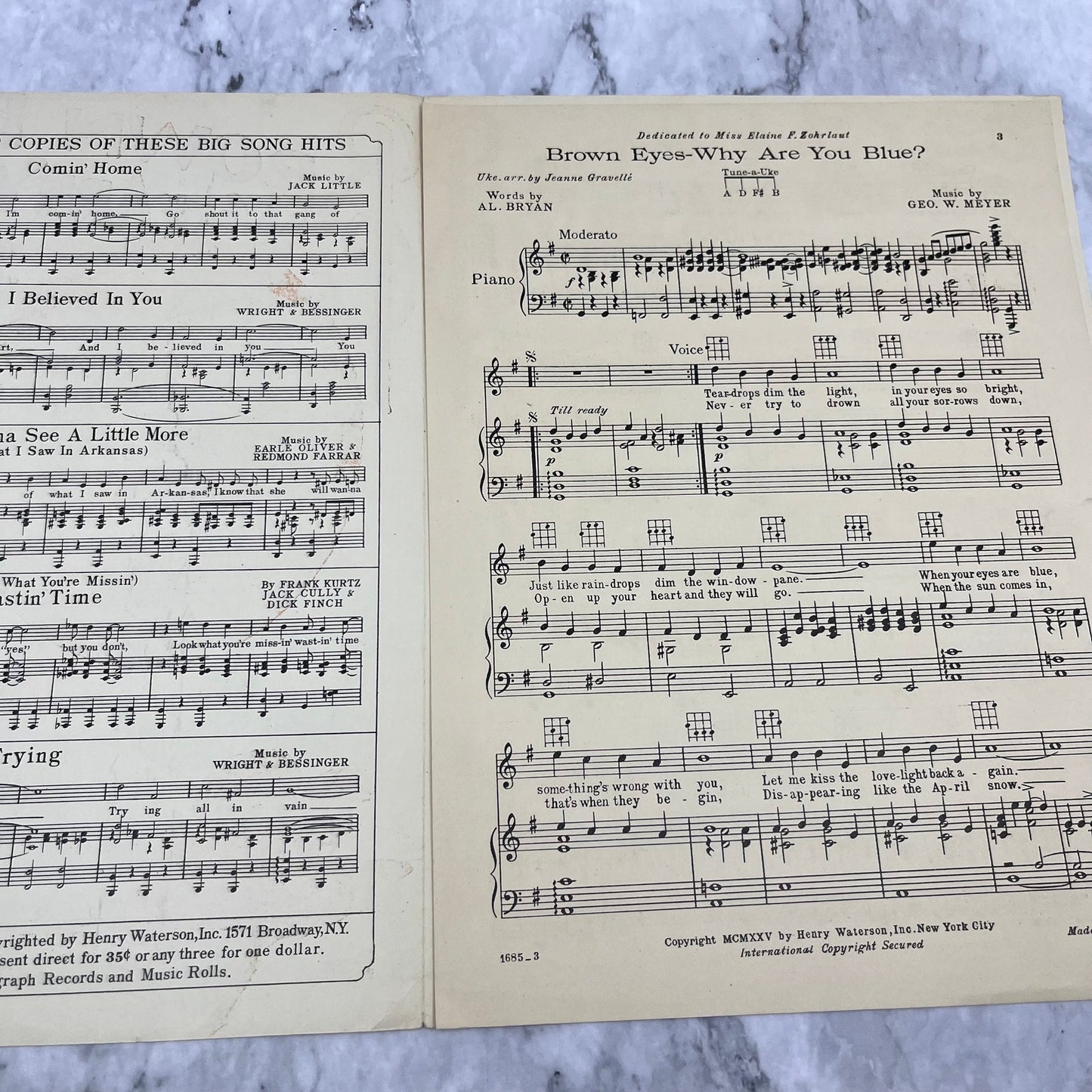 1925 Brown Eyes Why Are You Blue George W Meyer Alfred Bryan Sheet Music V39-4