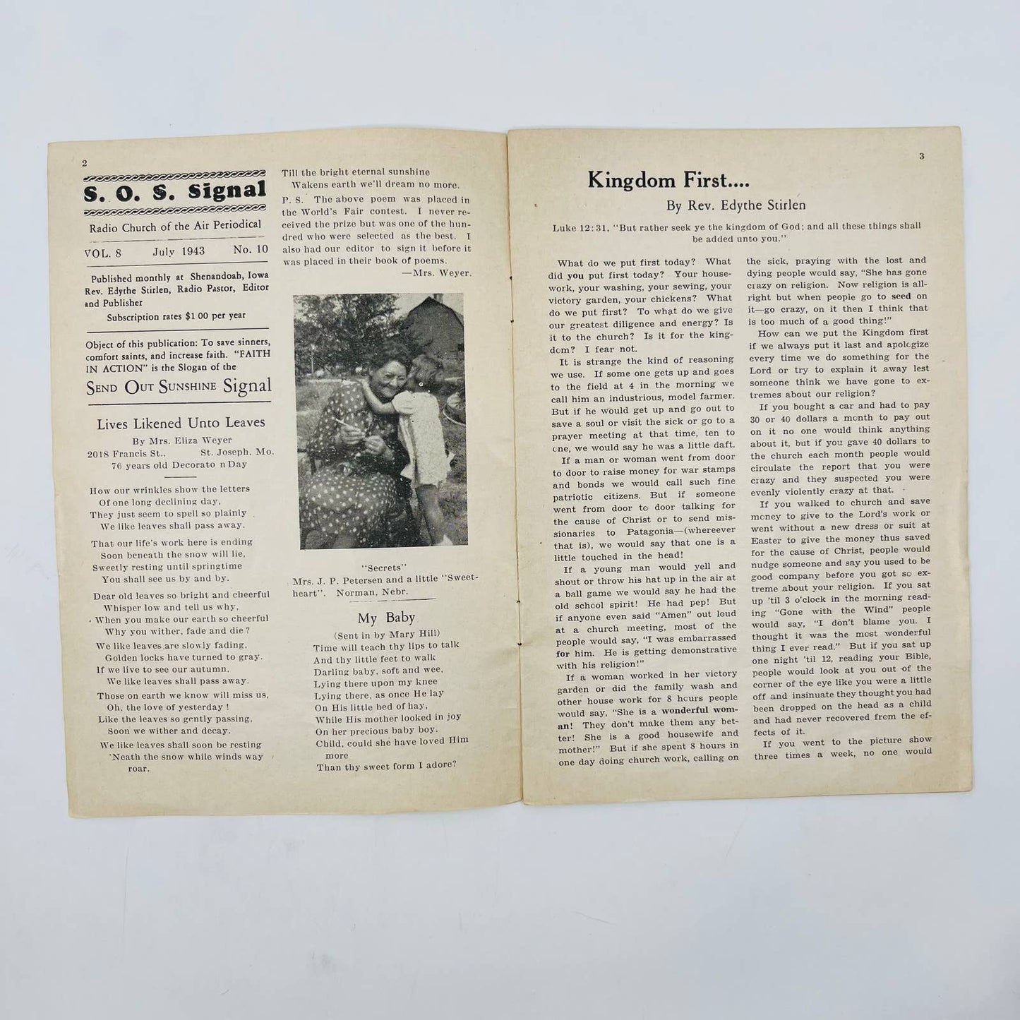 1943 WWII SOS Signal Newsletter Rev. Edith Stirlen Shenandoah Iowa Booklet C11