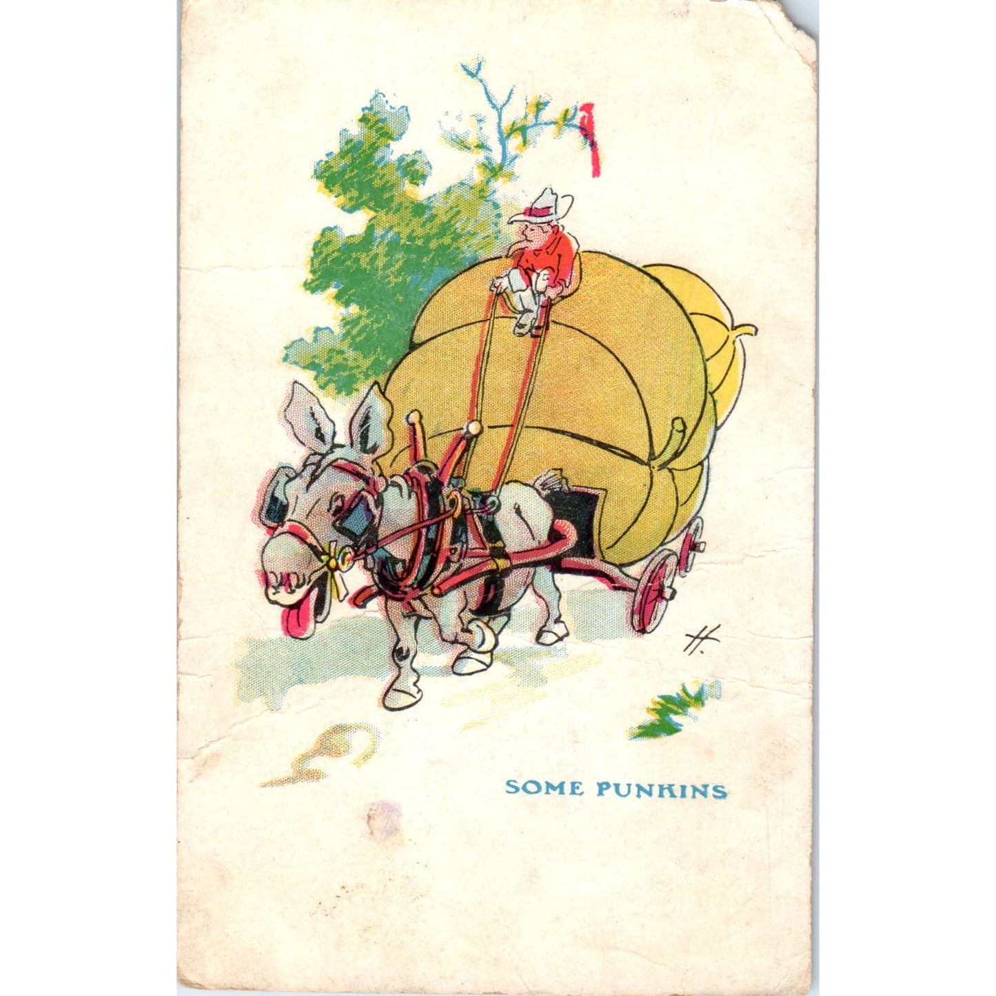 Cartoon Donkey Pulling Huge Pumpkins in Cart Some Punkins c1905 Postcard TK1-24