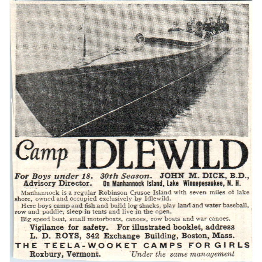 c1920 Harper's Ad Camp Idlewild John Dick Manhannock Island Winnipesaukee EA3-2