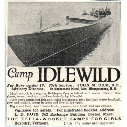 c1920 Harper's Ad Camp Idlewild John Dick Manhannock Island Winnipesaukee EA3-2