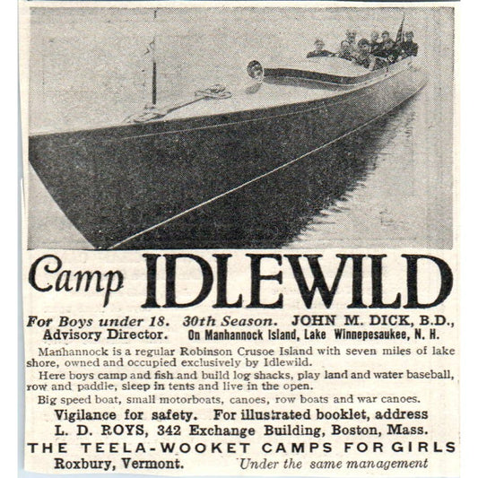 c1920 Harper's Ad Camp Idlewild John Dick Manhannock Island Winnipesaukee EA3-2
