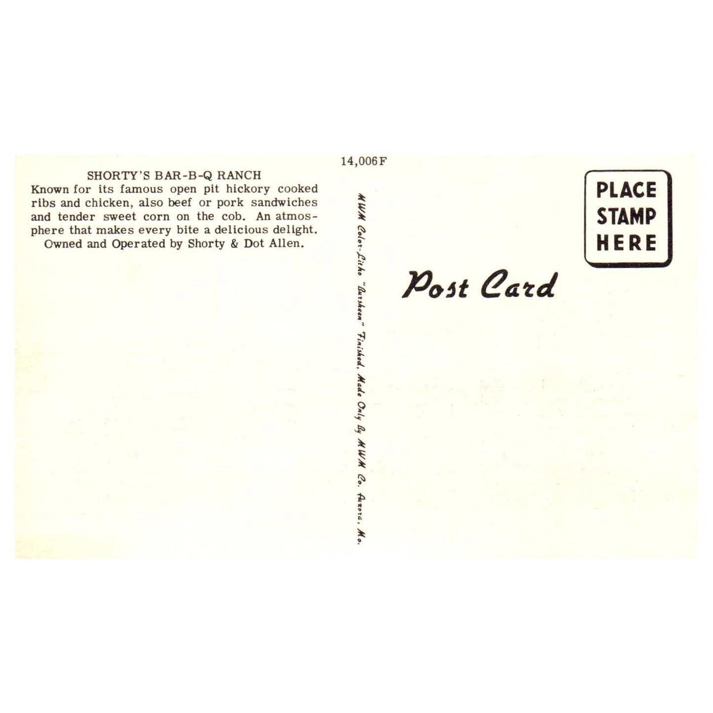 Shorty's Bar-B-Q Ranch Miami Florida Shorty & Dot Allen - Postcard TJ8-2