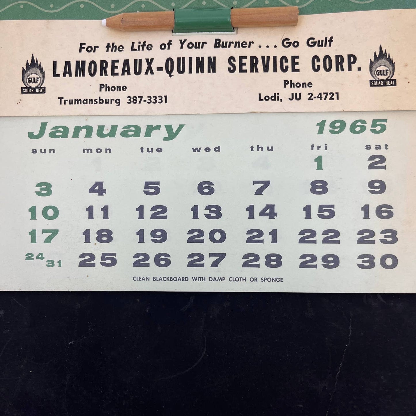 1965 Lamoreaux-QuinnGulf Solar Heat Trumansburg NY Blackboard Calendar TH7