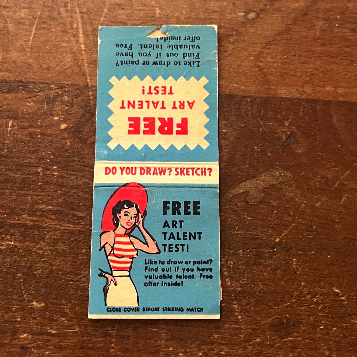 Free Art Talent Test - Girl in Hat Advertising Matchbook Cover SA9-M11