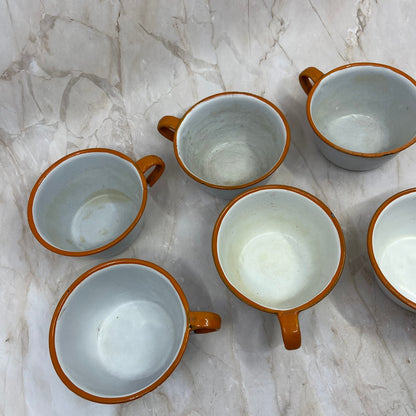 Vintage Enamelware 6 Place Setting Full Set White Orange Trim Bowls Plates Cups