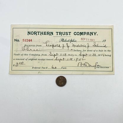 1943 The Northern Trust Company Receipt Philadelphia PA Leopold Schmidt D7