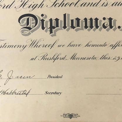 1924 Rushford High School Diploma Francis Eleanor Shattuck Austin Minnesota RU1