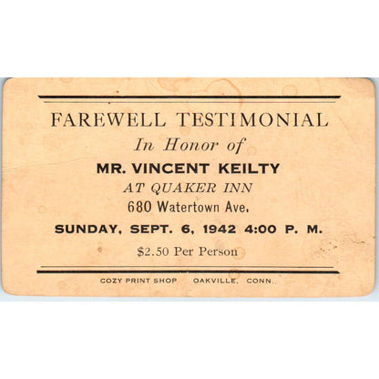 1942 Vincent Keilty Quaker Inn Farewell Testimonial Card TK2-CC