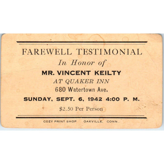 1942 Vincent Keilty Quaker Inn Farewell Testimonial Card TK2-CC