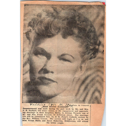 1940s Newspaper Clipping - Betty Earhart Wedding Announcement Jerome Novacic EA3