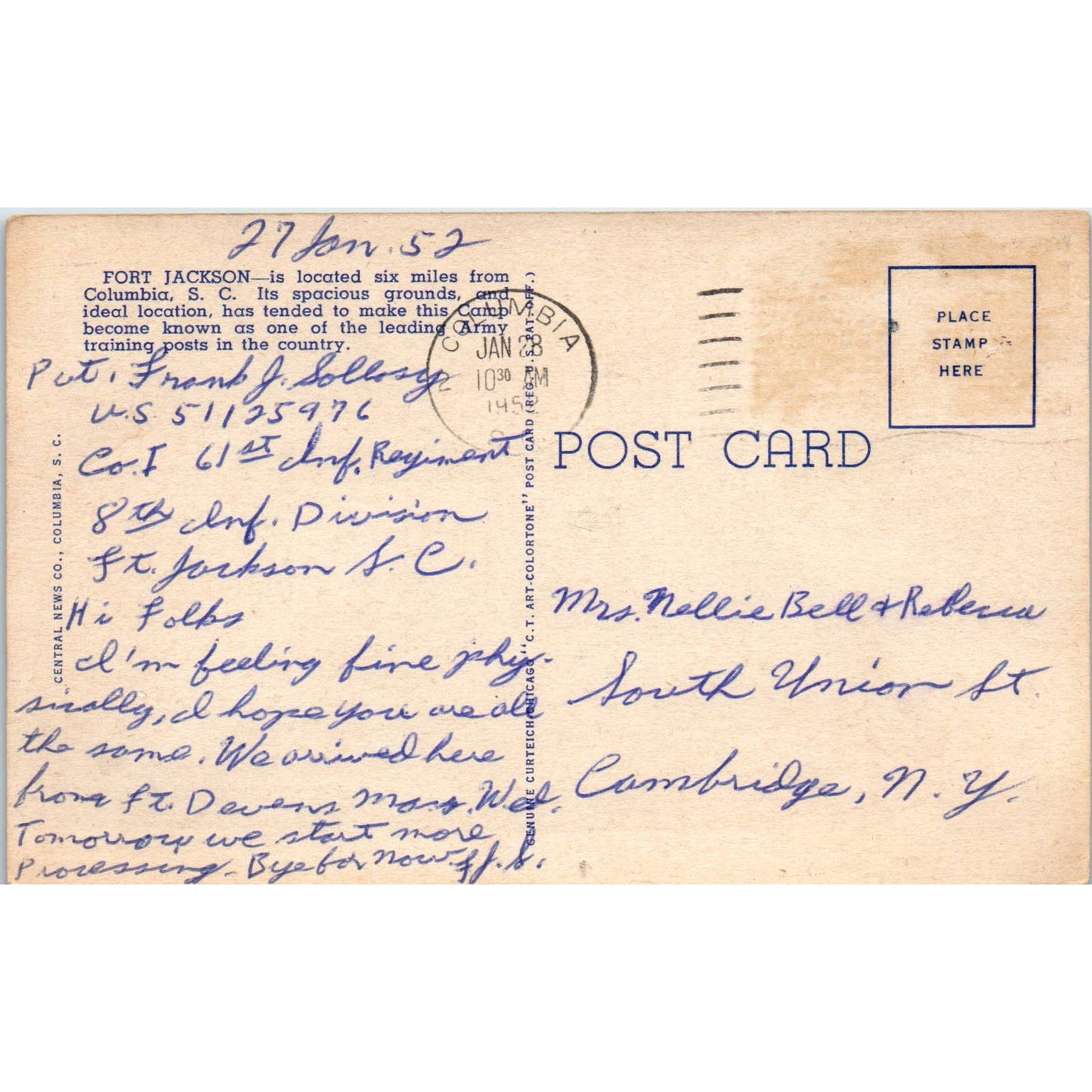 Greetings from Fort Jackson SC Linen - Original Postcard TJ7-RP1