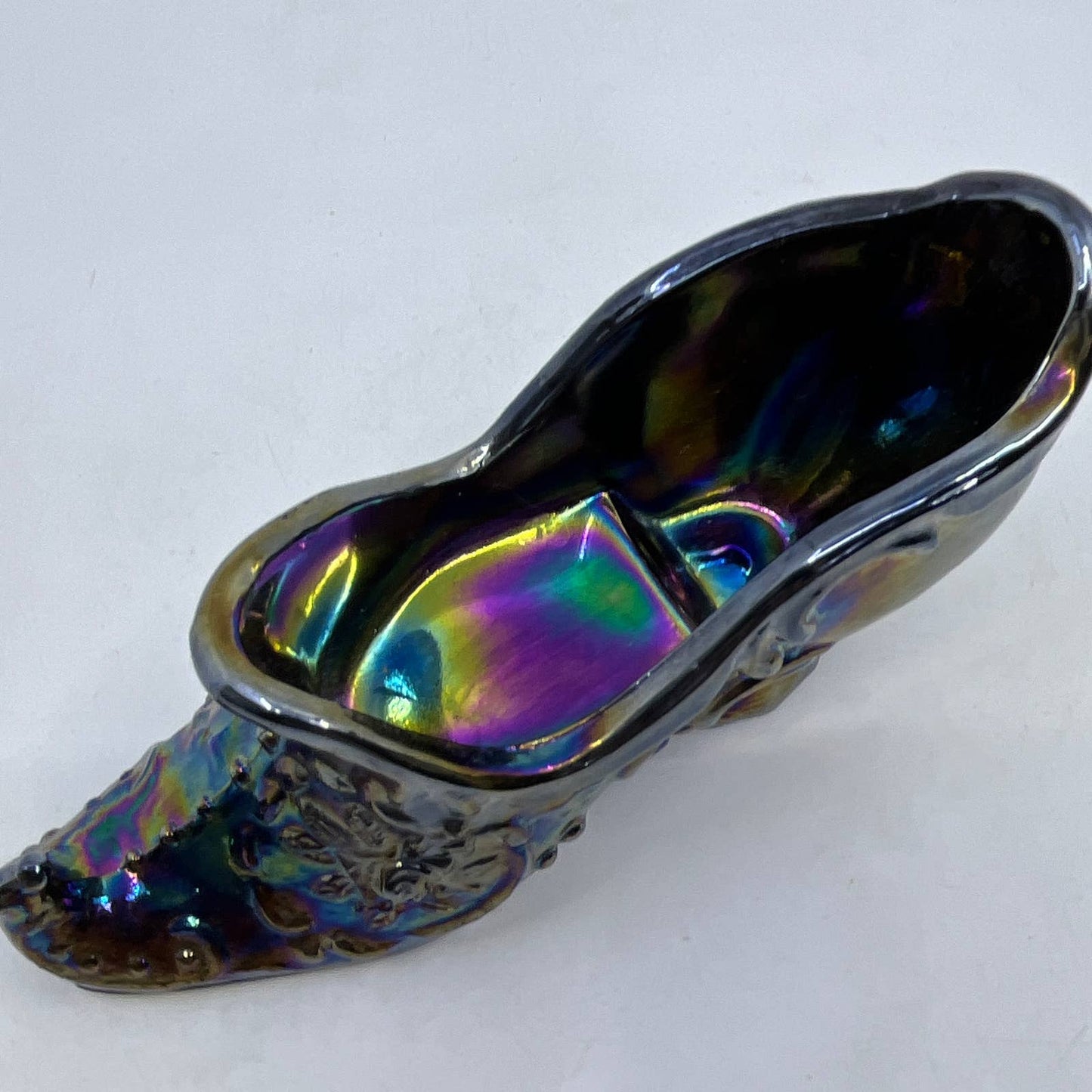 Mosser Victorian Rose Slipper Amethyst Carnival Glass Shoe Turned Up Toe 6x3 TI3