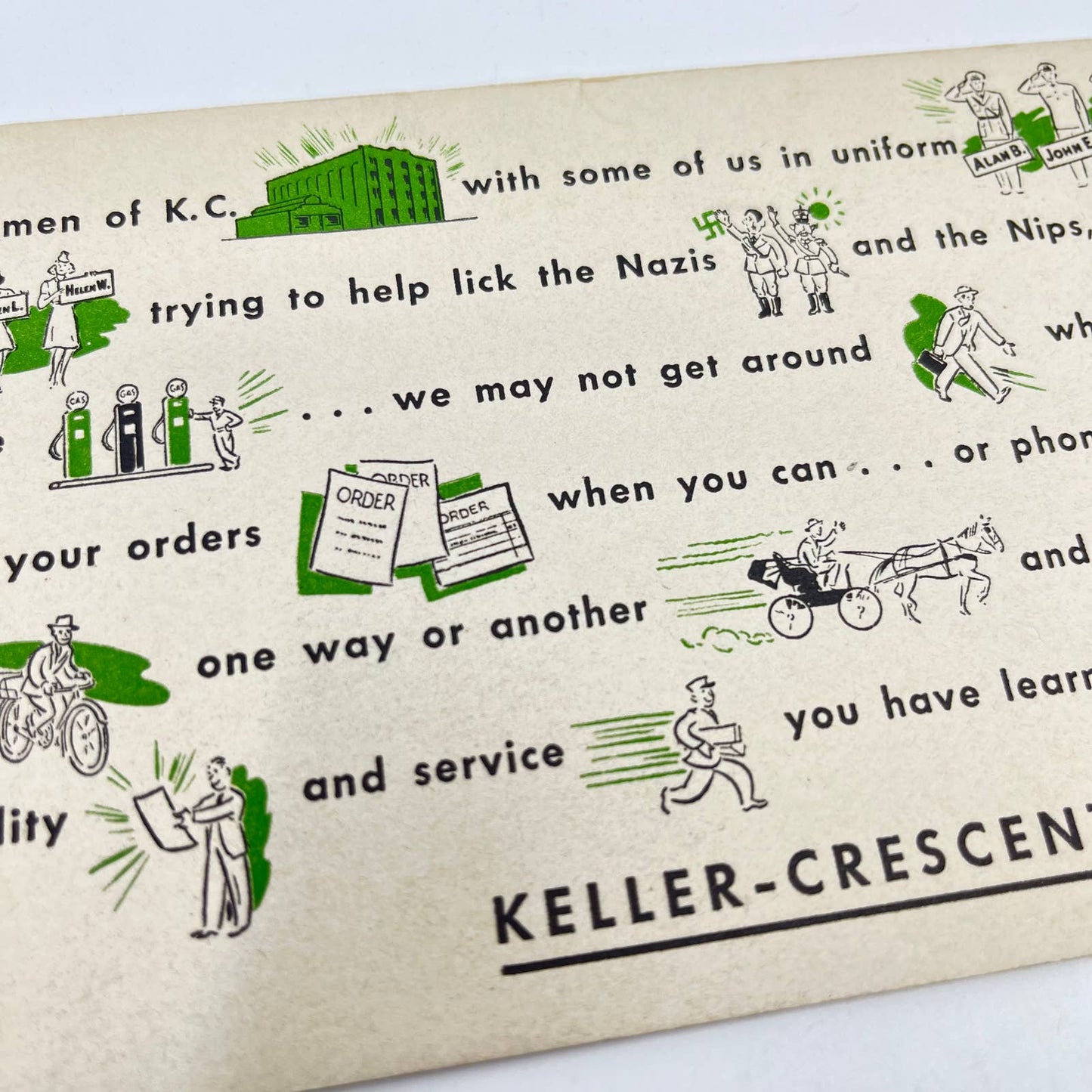 1940s WWII Blotter Card Rebus War Effort Keller-Crescent Co. Evansville IN SC9