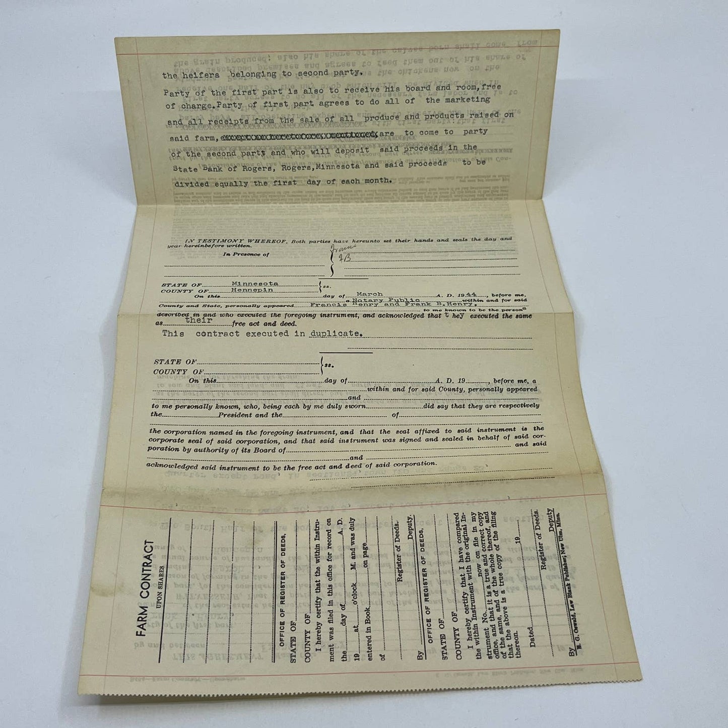 1944 Farm Contract Rogers MN Francis Henry Frank B Henry AC1-2