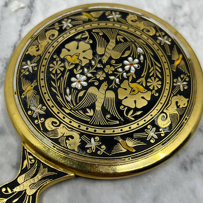 Vintage Asian Cloisonné Handheld Vanity Hand Mirror 5" TJ9