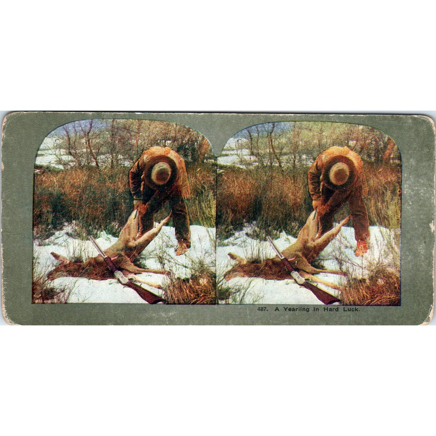 Victorian Deer Hunting a Yearling in Hard Luck - Antique Stereoview Card TJ1-C1