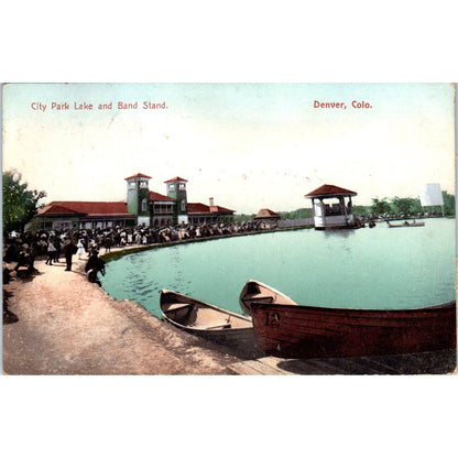 Antique 1910 Postcard City Park Lake and Band Stand Denver Colorado SF2