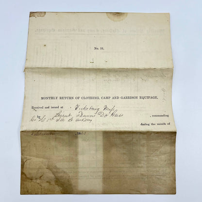 1863 Monthly Return of Clothing Camp & Garrison Equipage Francis DeGress AA8