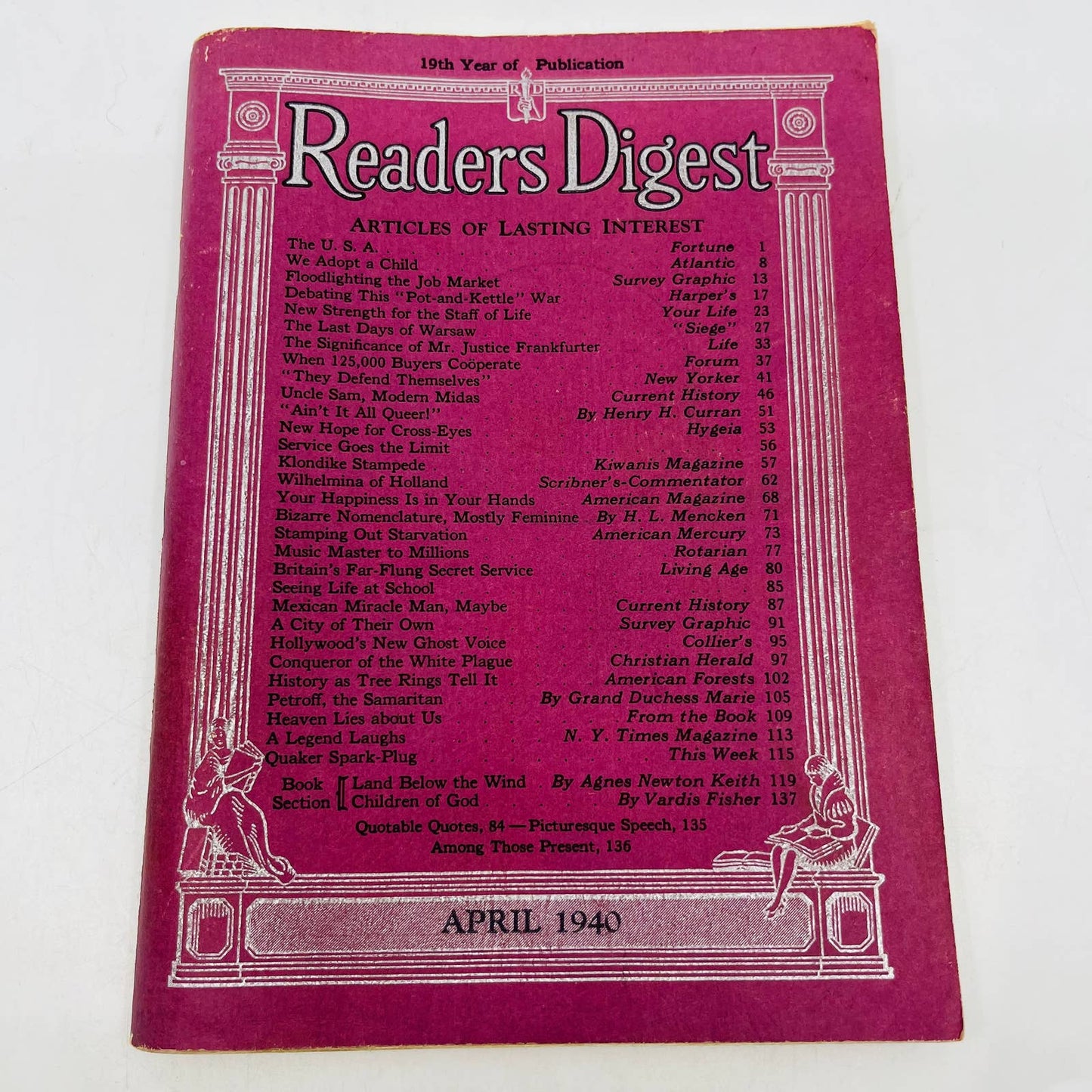 Readers Digest April 1940 WWII Greta Garbo Mencken A J Liebling Elmer Davis BA3