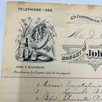 1890 John Nickerson Grocer Early Telephone No. Boston MA Billhead Letterhead AA4