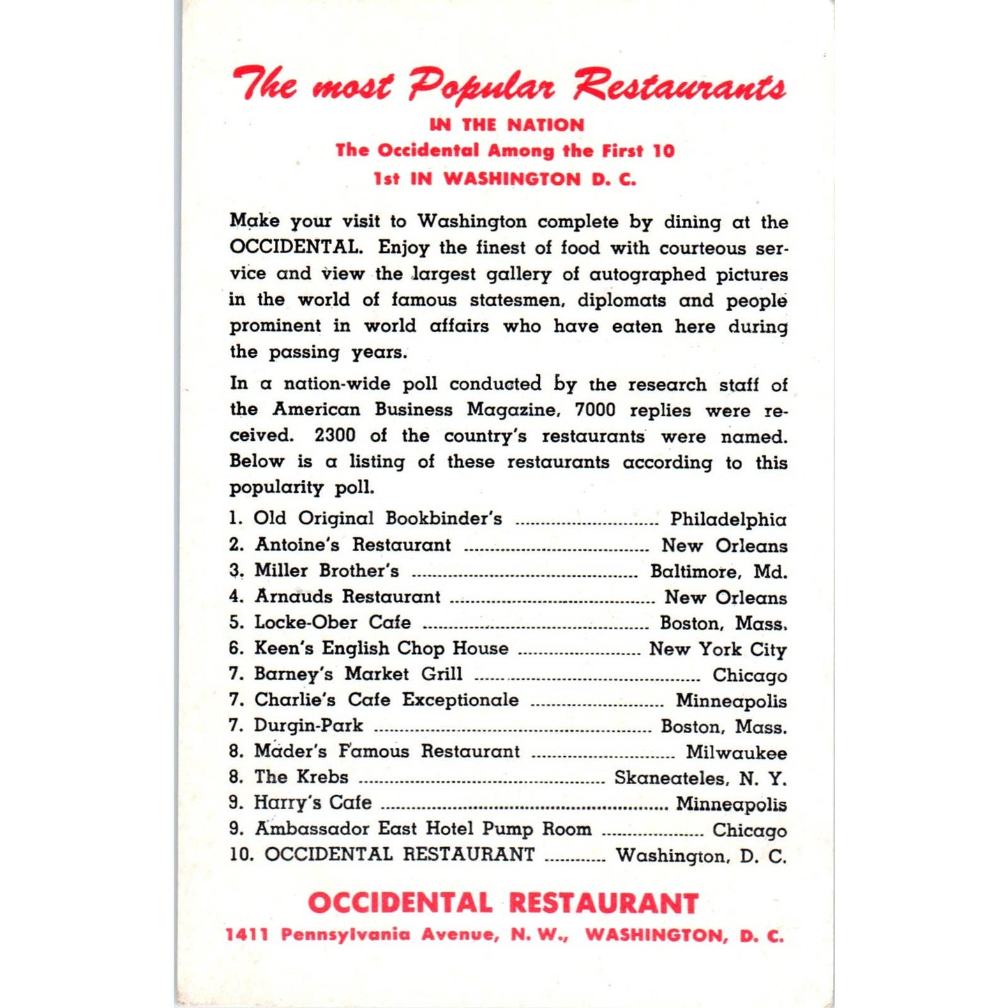 Occidental Restaurant 1957 Washington D.C. Original Postcard TK1-P2