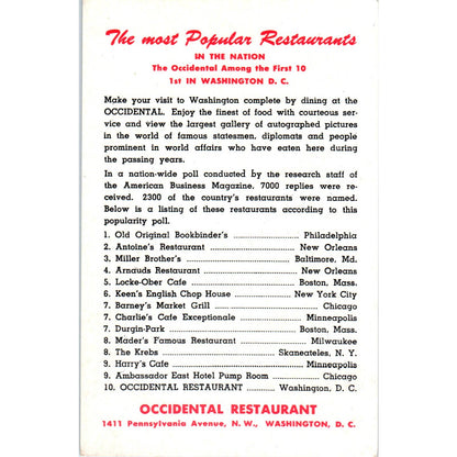 Occidental Restaurant 1957 Washington D.C. Original Postcard TK1-P2