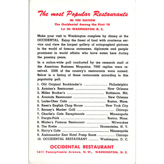 Occidental Restaurant 1957 Washington D.C. Original Postcard TK1-P2