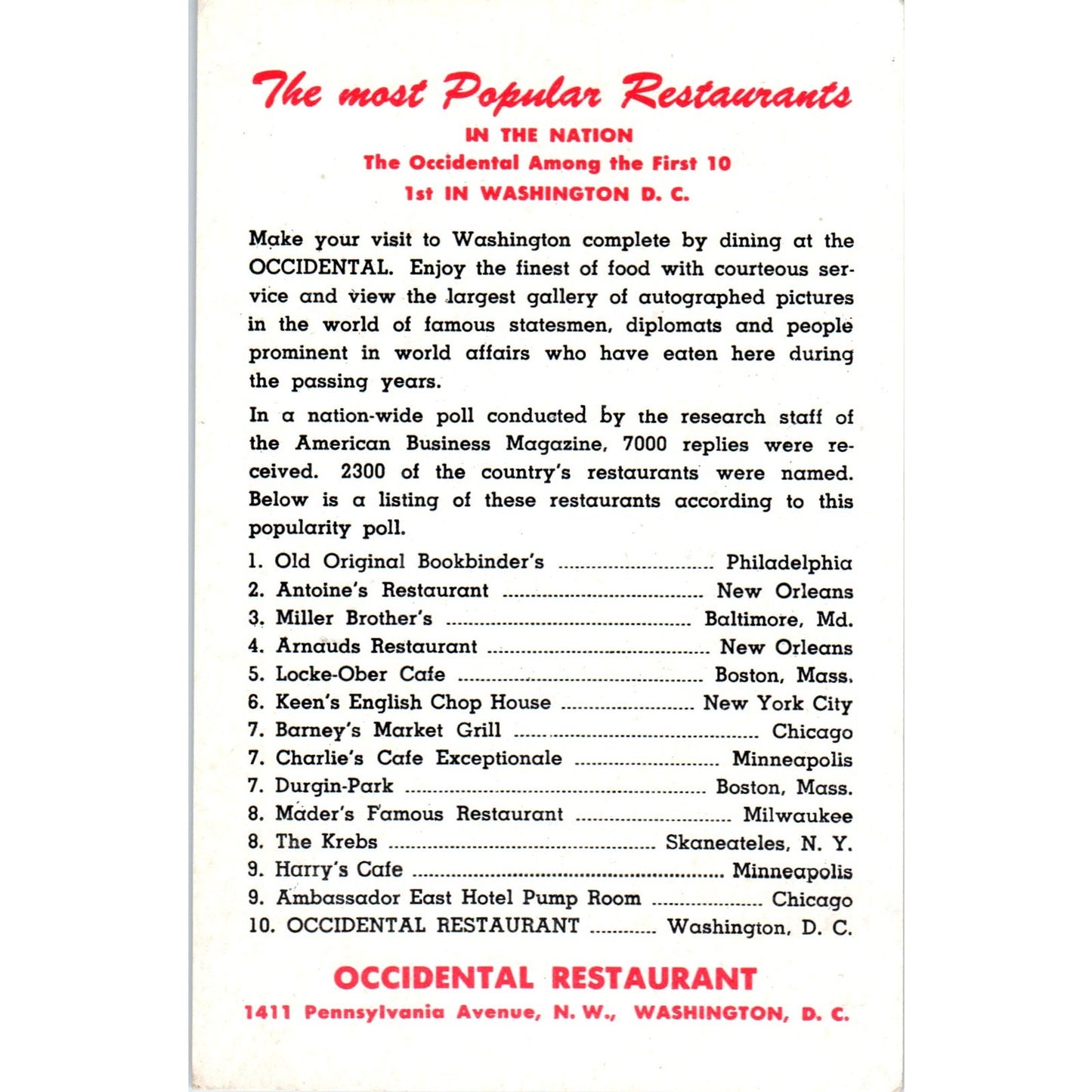 Occidental Restaurant 1957 Washington D.C. Original Postcard P1-16