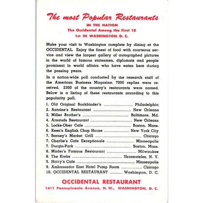 Occidental Restaurant 1957 Washington D.C. Original Postcard P1-16