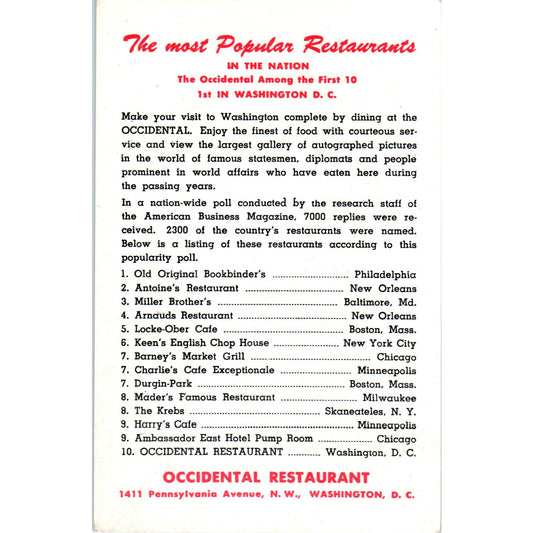 Occidental Restaurant 1957 Washington D.C. Original Postcard P1-16
