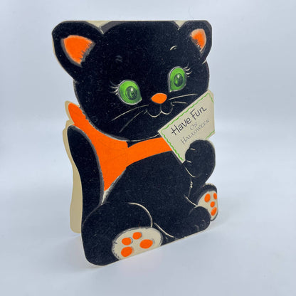 1970s Gibson Die Cut Flocked Stand Up Halloween Card Black Cat FL3