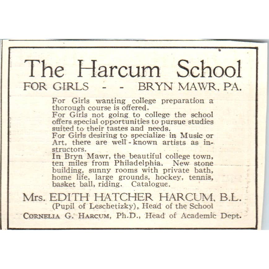 c1920 Harper's Ad - Harcum School for Girls Cornelia G. Harcum Bryn Mawr EA3