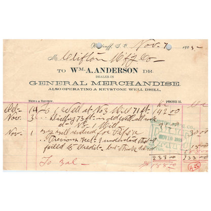 1905 Wm A. Anderson General Merchandise Letterhead Billhead Woodruff SC AD1