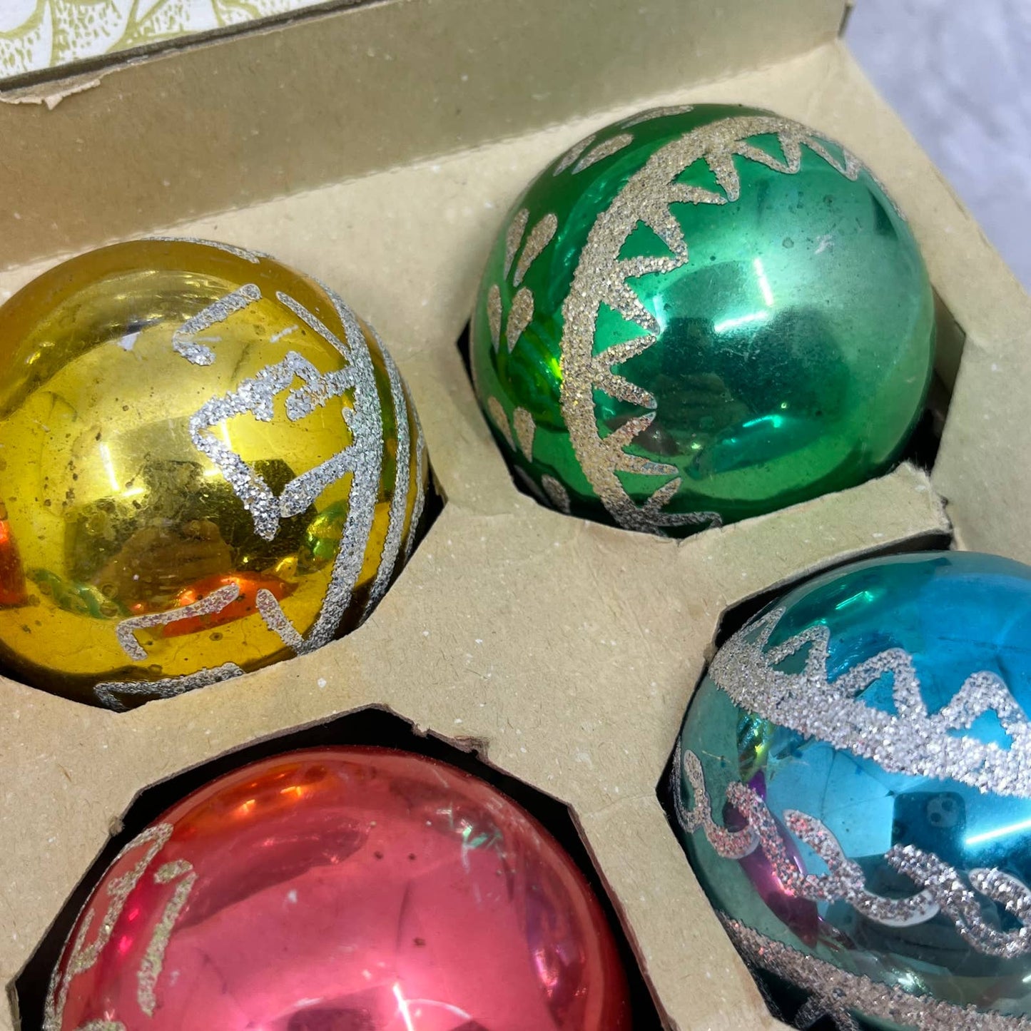 Shiny Brite 12 Vtg 2 1/4" Mercury Glass Ornaments Original Box Mica Stencil OT1