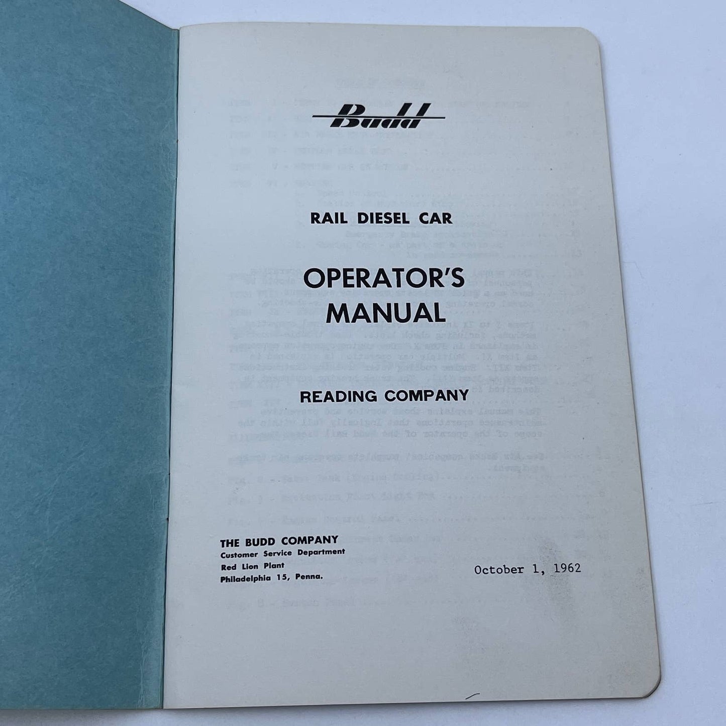 1962 Budd Rail Diesel Car Operator's Manual Reading Railroad Company TG6